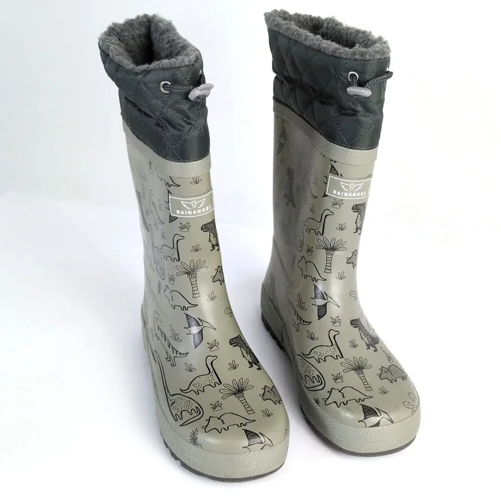 RainAngel Kids Boys 4 Gray Dinosaur Print Rubber Rain Boots, Insulated Lining - Picture 3 of 11